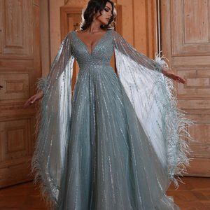 Catwalk Couture Mint Evening Gown with feathers (Weddings guest dress)